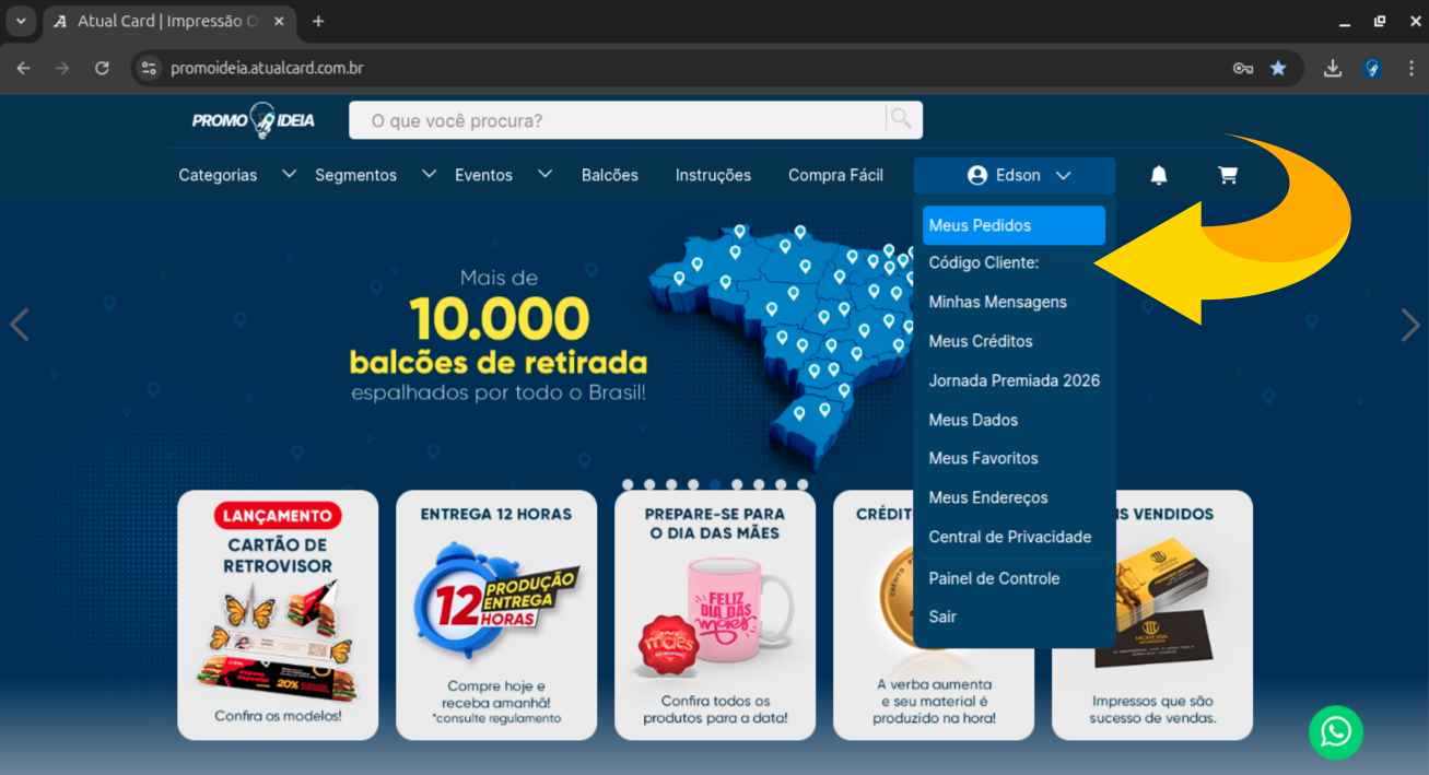 Print demonstrando a área Minha Conta e o Código de Cliente de 5 dígitos no site da Atual Card.